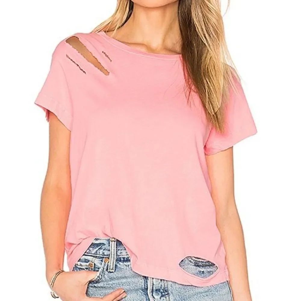Wildfox Edgy Distressed Tee Pink Torn Ripped Coutu